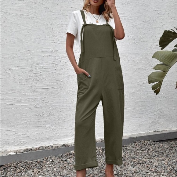 Boho Overalls Wide Leg Suspender Style Jumpsuit Pockets Olive Green - Picture 5 of 5